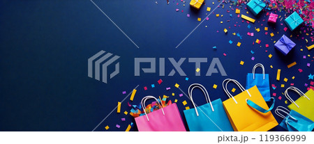 Shopping bags and gift boxes lying on blue background with confetti Shopping bags and gift boxes lying on blue background with confetti 119366999