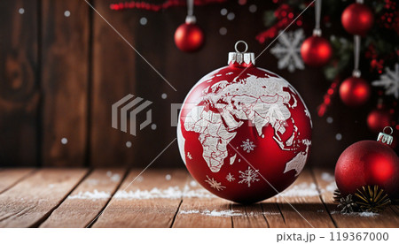 Red christmas ornament decorated with a world map for global holidays Red christmas ornament decorated with a world map for global holidays 119367000