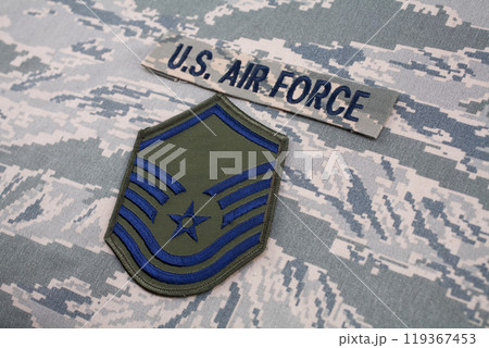 US AIR FORCE branch tape and Master Sergeant rank patch on digital tiger-stripe pattern Airman Battle Uniform 119367453