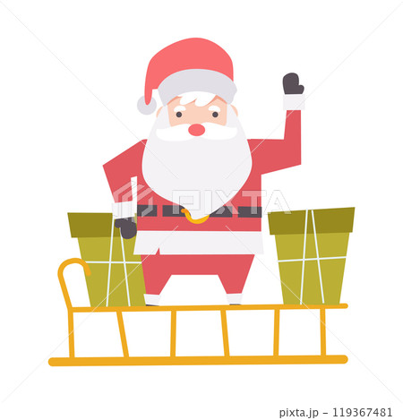 Santa claus with christmas presents on sleigh . Cartoon character . Flat design . Vector . 119367481
