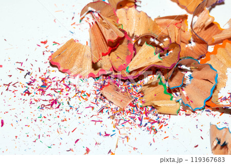 Coloured Pencil Shavings on White Background 119367683