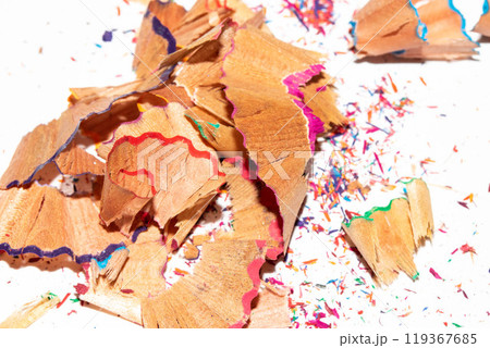 Coloured Pencil Shavings on White Background 119367685