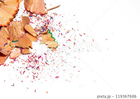 Coloured Pencil Shavings on White Background 119367686