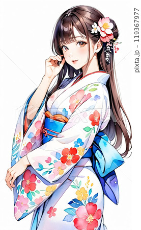 着物を着た若い日本人女性のイラスト素材 [119367977] - PIXTA