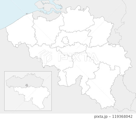 Vector blank map of Belgium with regions, provinces and administrative divisions, and neighbouring countries and territories. Editable and clearly labeled layers. Vector blank map of Belgium with regions, provinces and administrative divisions, and neighbouring countries and territories. Editable and clearly labeled layers. 119368042