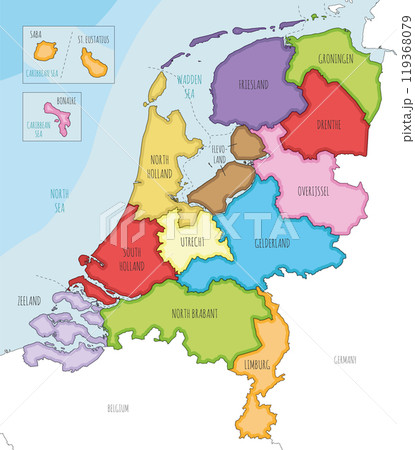 Vector illustrated regional map of Netherlands with provinces, Caribbean special municipalities and administrative divisions, and neighbouring countries and territories. Editable and clearly labeled 119368079