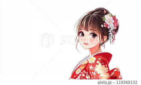 赤い着物を着た綺麗な若い女性のイラスト素材 赤い着物を着た綺麗な若い女性のイラスト素材 119368132