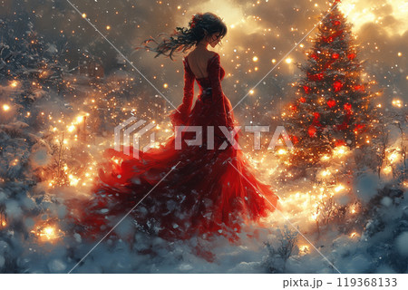 リアルなサンタコスの日本人女性：クリスマスの冬景色に映える全身イラスト 119368133