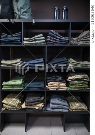 Folded Tactical Clothing and Military Uniforms on Shelves Folded Tactical Clothing and Military Uniforms on Shelves 119368646