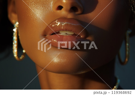 Close up of glossy lips and golden hoop earrings, with radiant skin glowing under warm light 119368692