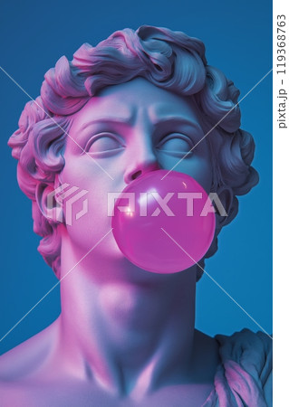 A classical statue bust with a bold, modern twist, blowing a large pink bubblegum against a blue background 119368763