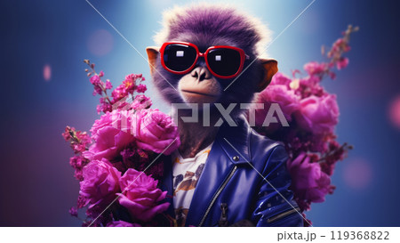 Fashionable cyberpunk male monkey ape animal character with purple hair in leather jacket holding big bouquet of flowers on minimal dark background. Modern pop art illustration 119368822