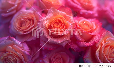 A lush bouquet of roses with dew drops A lush bouquet of roses with dew drops 119368855
