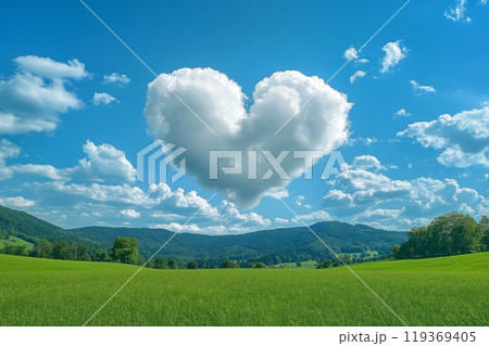 A heart shaped cloud drifts in a clear blue sky...のイラスト素材 [119369405 ...