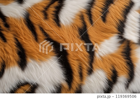 Horizontal close up of tiger fur with sharp black stripes over soft orange and white tones 119369506