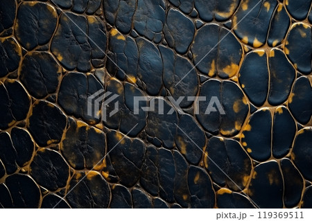 Close up of black and gold snake skin texture with intricate scales and organic patterns 119369511