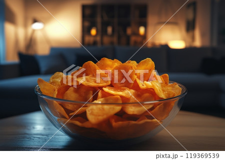 A glass bowl of golden potato chips, illuminated by soft evening lighting in a cozy living room 119369539