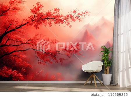 Serene Room with Autumn Leaves Mural and Modern Decor 119369856