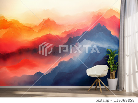 Modern Interior with Vibrant Mountain Mural 119369859