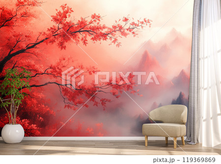Serene Room with Autumn Mural and Armchair Serene Room with Autumn Mural and Armchair 119369869