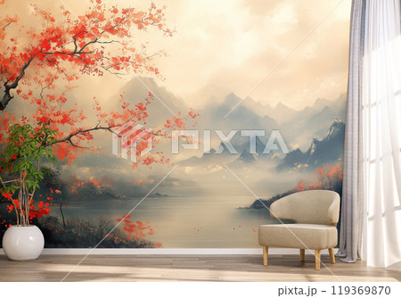 Serene Landscape Mural with Autumn Leaves in Modern Living Room Serene Landscape Mural with Autumn Leaves in Modern Living Room 119369870