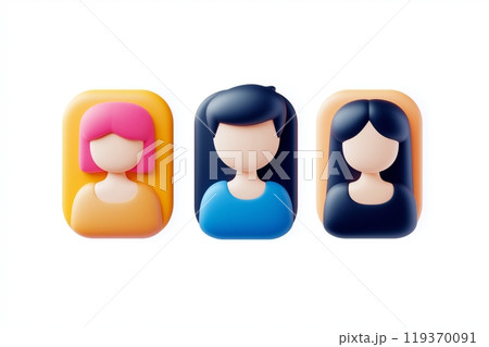 Three user icons with black and pink hair, shown in bright yellow, blue, and orange blocks Three user icons with black and pink hair, shown in bright yellow, blue, and orange blocks 119370091