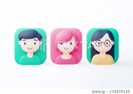 Three smiling cartoon characters with distinct features, wearing teal, pink, and yellow tops 119370110