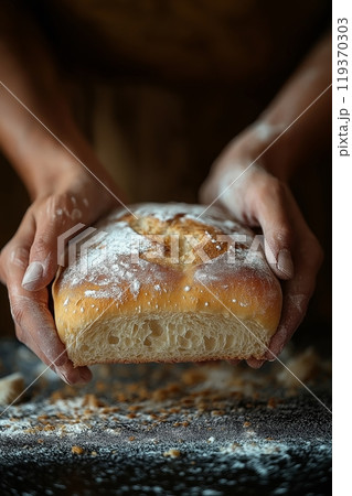 Hands presenting a flour dusted loaf of fresh bread, with a rustic, golden brown crust 119370303