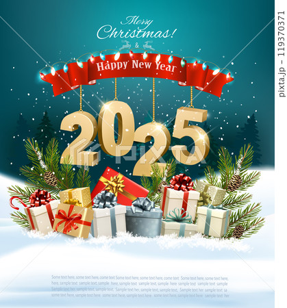 Christmas holiday background with presents and a gold 2025 numbers. Vector illustration 119370371