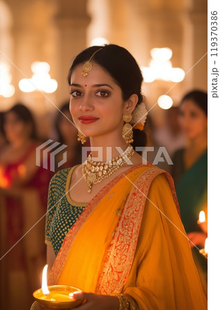 A woman in a traditional saree holding a diya, adorned in gold jewelry, smiling in soft candlelight 119370386