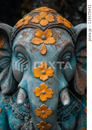 A weathered stone elephant statue with yellow floral decorations on the head and tusks 119370431