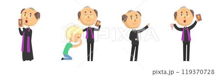 Funny Catholic Man Priest with Cross and Bible Vector Set Funny Catholic Man Priest with Cross and Bible Vector Set 119370728