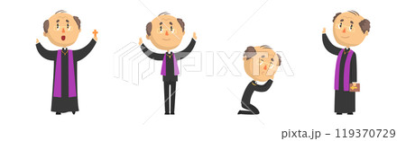 Funny Catholic Man Priest with Cross and Bible Vector Set 119370729