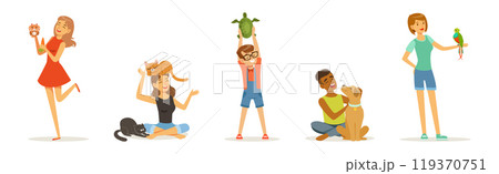 Happy People Character Pet Owner with Their Favorite Animal Vector Set Happy People Character Pet Owner with Their Favorite Animal Vector Set 119370751
