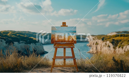 Canvas overlooking sea cliffs depicts a vibrant coastal scene on a sunny day 119370822