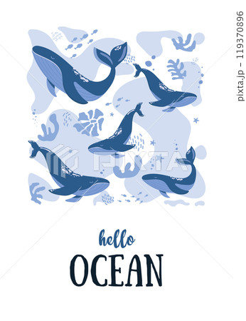Sea postcard with ocean animals.Hello ocean.Vector illustration with underwater life.Sea world dwellers,cute underwater creatures,coral reef inhabitants in their natural habitat. 119370896