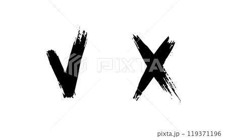 Black check mark and cross are made with dry brush, grunge elements, tick and cross icons, sign elements, false and true, right and wrong icons, tick cross sign elements, vector buttons for vote 119371196