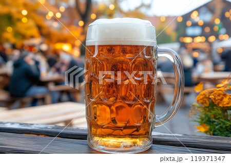 Urban outdoor setting with a beer mug, bustling with city life and vibrant energy 119371347