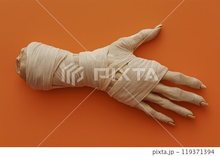 A single hand, dramatically wrapped in light bandages, stretches out against an orange backdrop 119371394