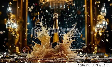 Celebratory champagne bottle with splashes and golden glitter for luxurious festive occasions 119371459
