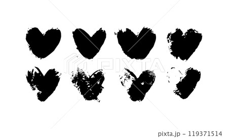 Set of black fingerprints in the form of hearts, collection for decoration and design, black hearts of different designs, Valentine holiday black fingermark patterns, wedding card thumbprints Set of black fingerprints in the form of hearts, collection for decoration and design, black hearts of different designs, Valentine holiday black fingermark patterns, wedding card thumbprints 119371514