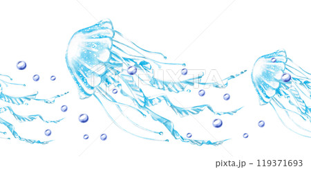 Seamless border with jellyfish and bubbles. Isolated illustration on the theme of the underwater world for textile design, marine-themed holidays, printing, restaurants Seamless border with jellyfish and bubbles. Isolated illustration on the theme of the underwater world for textile design, marine-themed holidays, printing, restaurants 119371693