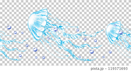 Seamless border with jellyfish and bubbles. Isolated illustration on the theme of the underwater world for textile design, marine-themed holidays, printing, restaurants Seamless border with jellyfish and bubbles. Isolated illustration on the theme of the underwater world for textile design, marine-themed holidays, printing, restaurants 119371693