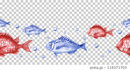 Seamless border with fishes. Isolated watercolor illustration for fish restaurant design, menu, textile, posters 119371703