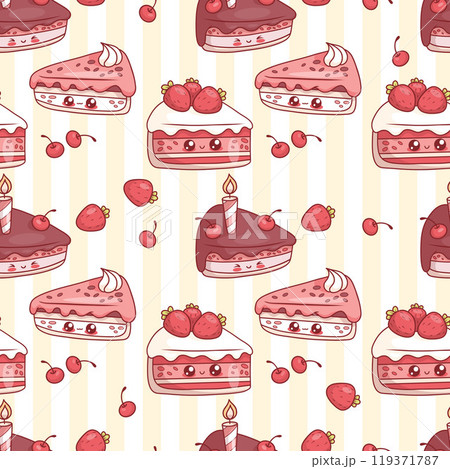 Seamless pattern with cute Piece of birthday cake with cherries, strawberries and candle on striped yellow background. Funny holiday kawaii cartoon character. Vector illustration. Kids collection. 119371787