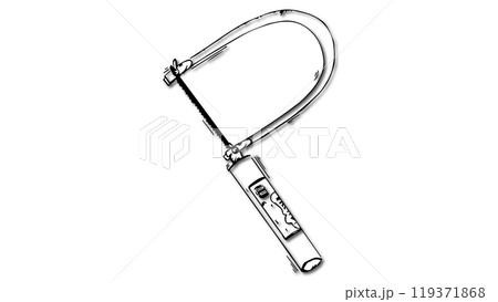 Black and white fretsaw tool icon on white background, fretsaw coping saw carpentry tool, hacksaw construction woodworking equipment, handy saw of carpenter drawn in ink, hand tool for sawing boards Black and white fretsaw tool icon on white background, fretsaw coping saw carpentry tool, hacksaw construction woodworking equipment, handy saw of carpenter drawn in ink, hand tool for sawing boards 119371868