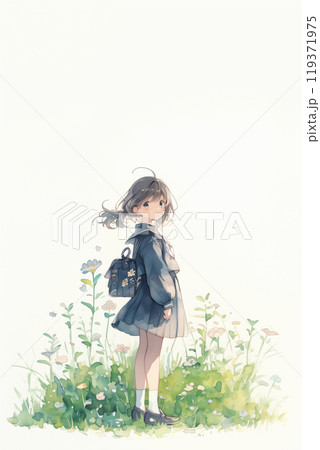振り返る下校中の女の子 119371975