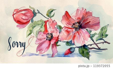 Watercolor painting of pink flowers with sorry below them. AI-generated content. 119372055