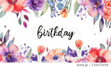 A lovely birthday card with watercolor flowers and happy birthday. AI-generated content. 119372059