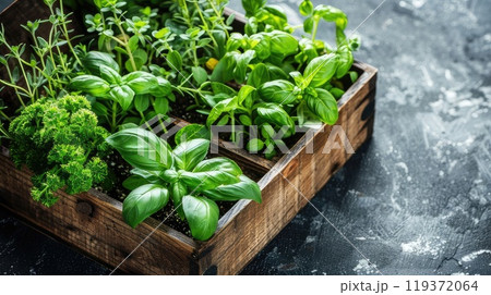 A wooden box that is filled with a variety of different types of herbs. AI-generated content. 119372064
